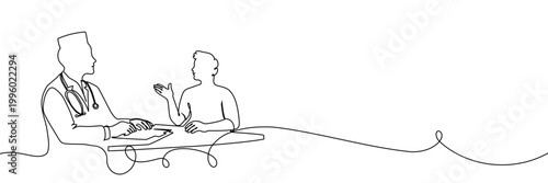 Continuous one line doctor patient drawing medical health nurse people. Doctor patient hospital art care check help clinic heart woman examination tooth stroke laboratory height evaluation insurance