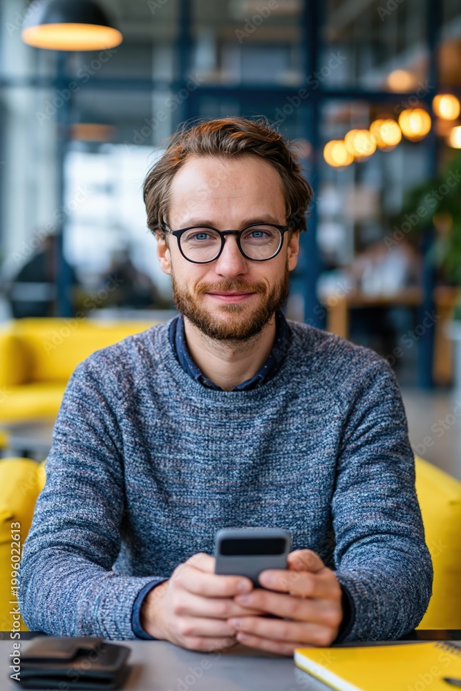 Fototapeta premium Young professional managing finances on smartphone in coworking lounge