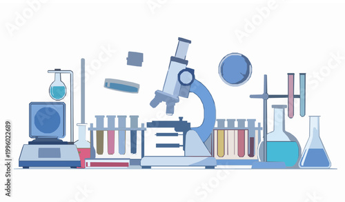 Clinical Laboratory Research with Microscope Flat Vector Illustration