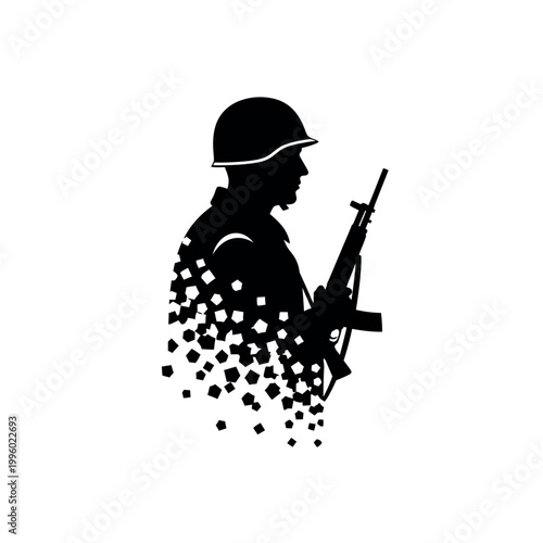 Silhouette of a soldier dissolving into pixels.