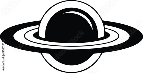 Ringed Planet Icon Detailed Saturn Space Symbol, Minimal solid icon of a detailed ringed planet, representing Saturn, space exploration, astronomy, and cosmic science in a bold clean design.