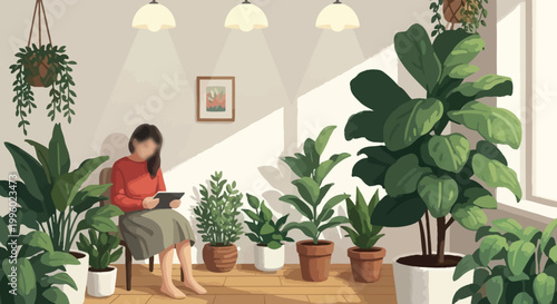 A woman sits and uses a tablet surrounded by lush houseplants in a brightly lit interior space