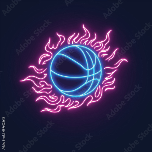 Basketball neon sign with blue glowing ball and pink flames on dark background for sports and energy concept.