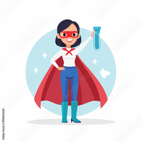 Superhero scientist woman holding a test tube