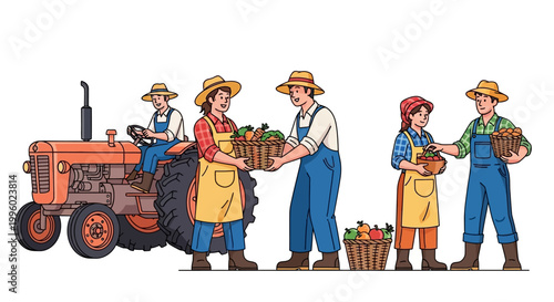 Farmers loading fresh produce from baskets into a tractor on a rural farm scene