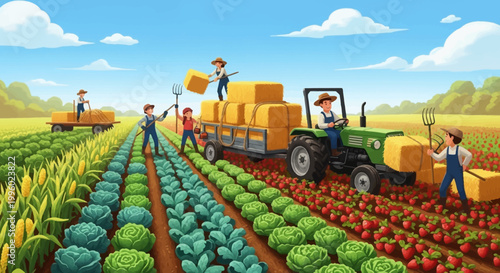 Farmers harvesting crops on a sunny day with tractor and hay bales in a vibrant field