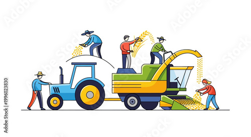 Workers operate a tractor and a large agricultural machine in a field.