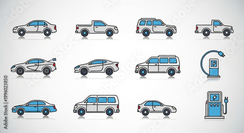 Collection of various car types and electric charging stations.