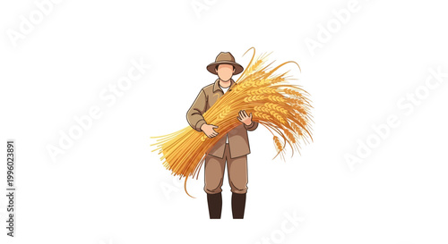 A man in a hat holds a large bundle of wheat.