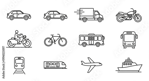 Collection of various transportation vehicle icons in a clean line art style.