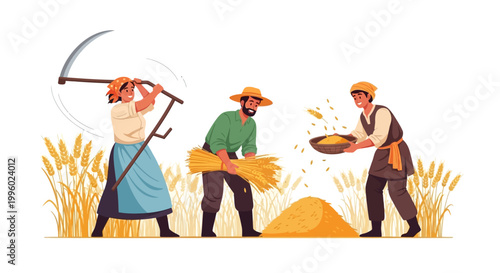 Farmers harvesting wheat in a field with sickle and baskets