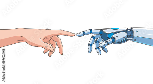 Human finger touching robotic hand symbolizing technology and artificial intelligence connection.