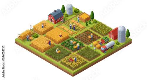 Isometric Farm Scene Depicting Agricultural Activities and Rural Life in a Vibrant Community