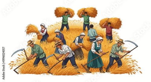 A bustling scene of a community of traditional farmers, both men and women, diligently harvesting and gathering golden wheat stalks in a rich, sunlit field during an abundant season