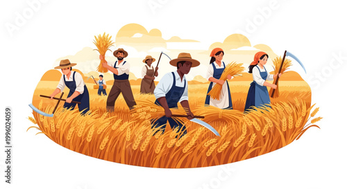 Celebrating the rich tradition of agricultural labor, a diverse community of farmers collaboratively harvests a bountiful wheat crop under a warm, inviting sky