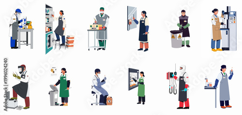 Quadro su tela A series of vector illustrations depicting laboratory technicians and scientists working with radioactive materials in a specialized medical or research facility