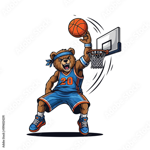 A cartoon bear athlete in a basketball uniform performs a slam dunk with a ball against a white background, capturing an energetic sports moment with dynamic action