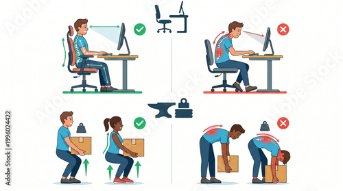 Correct vs Incorrect Ergonomic Posture Guide – Lifting Techniques and Sitting Position for Back Health