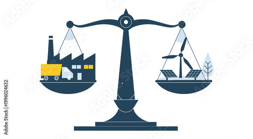 Justice scale comparing heavy industry factory and clean renewable energy source objects.