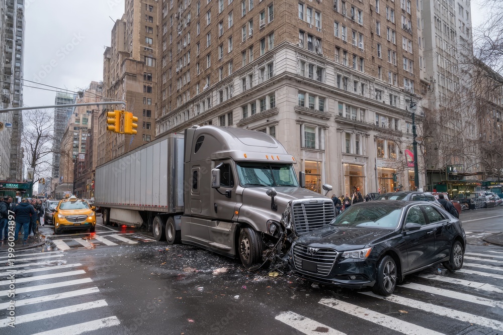 Fototapeta premium Truck and Car Collision at City Intersection.