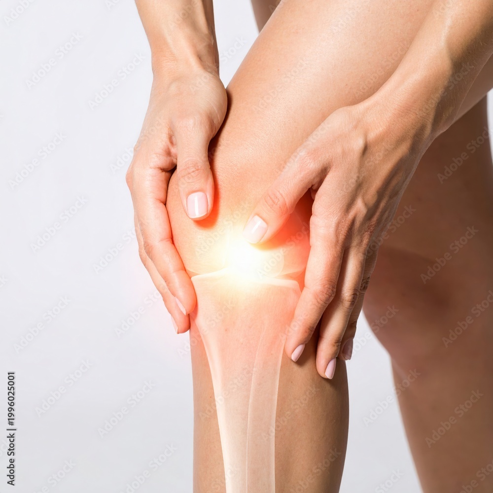 Fototapeta premium Close-up of hands holding painful knee with glowing red highlight and transparent joint overlay, medical pain concept on white background