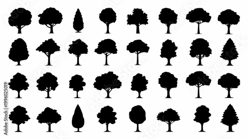 A collection of various black silhouette trees in different shapes and sizes displayed on a white background