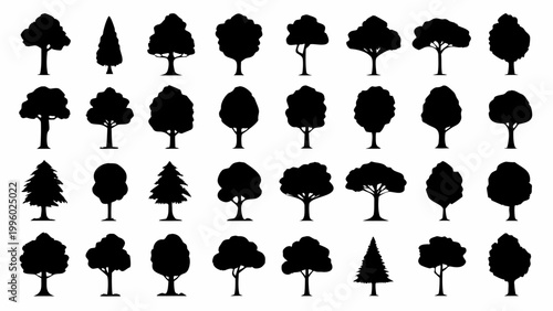 A collection of various tree silhouettes in black against a clean white background