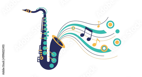 Vibrant Saxophone Illustration with Flowing Musical Notes and Abstract Shapes for Jazz and Music Concepts