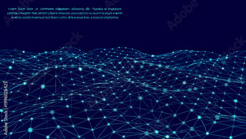 Abstract digital landscape of interconnected nodes and lines on a dark blue background