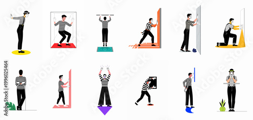 Canvas Print A collection of mime artists in various performance poses, featuring classic street theater and silent comedy acts in a flat vector illustration style