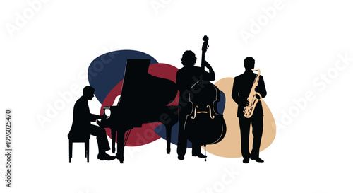 Jazz Trio Silhouette Piano Bass Saxophone Performers in Abstract Musical Art Background