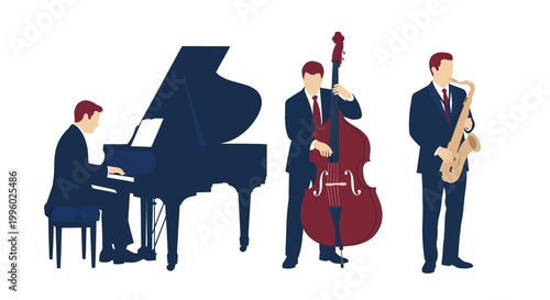Jazz Trio Performing Live Pianist Double Bassist and Saxophonist in a Stylized Flat Illustration