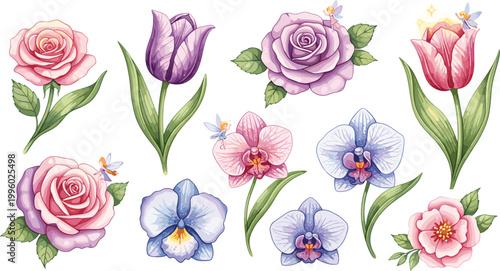 Beautiful Floral Vector Collection Featuring Pastel Roses Tulips Orchids and Pansies with Magical Fairies and Sparkles for Spring Garden Designs