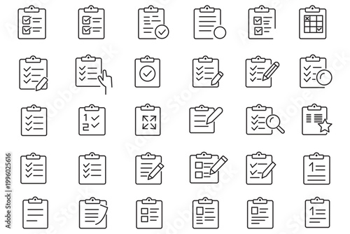 Clipboard icon set. Checklist on the clipboard line icon with checkmarks, checklist, document, gear, pencil. Clipboard outline icons. Checklist symbol.