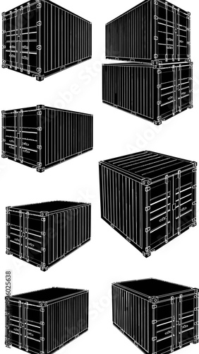 Shipping Container Collection: Isometric Views, Black and White Line Art