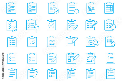 Clipboard icon set. Checklist on the clipboard line icon with checkmarks, checklist, document, gear, pencil. Clipboard outline icons. Checklist symbol.