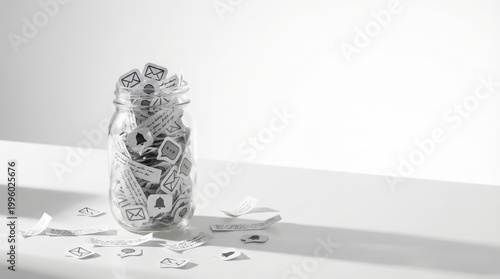 Minimal composition with jar filled with notes representing thoughts and mental clutter. Concept of information detox mental health reflection and organizing mind in calm environment.Copy space.