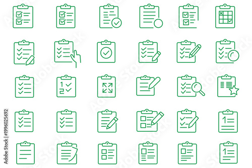 Clipboard icon set. Checklist on the clipboard line icon with checkmarks, checklist, document, gear, pencil. Clipboard outline icons. Checklist symbol.