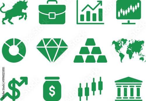 Financial market and investment icons set, green business symbols including bull, briefcase, stock chart, gold bars, and world map, flat vector illustration for corporate reports