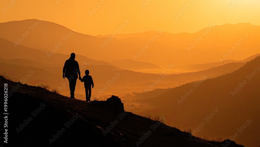 Fototapeta premium Father and Son Walking Together on Mountain Ridge During Golden Hour Sunset.