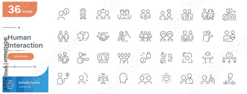 Collection of 36 line icons representing human interaction and social connection concepts.