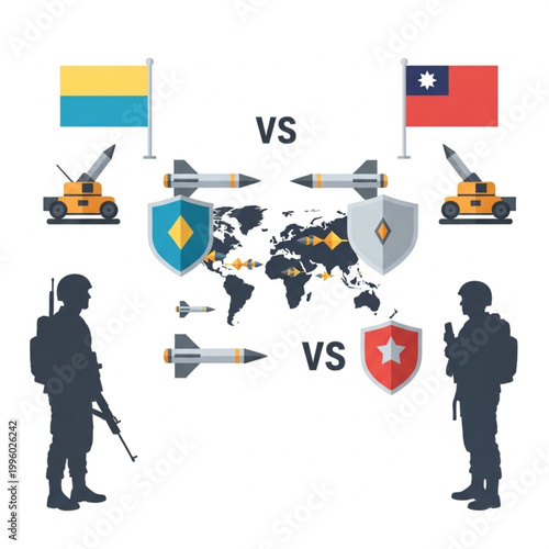 Ukraine Versus Taiwan Military Conflict Concept.