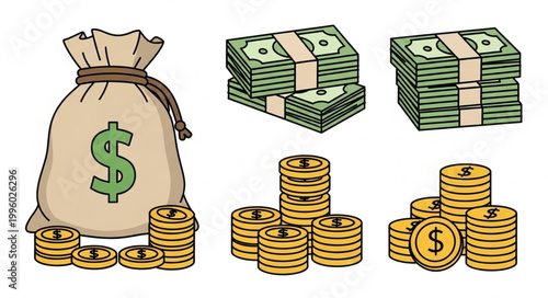 Various Money Illustrations Representing Wealth and Financial Success.