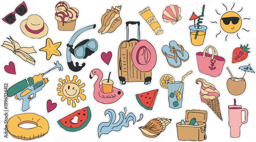Summer beach vacation sticker set with travel elements hand drawn vector illustration