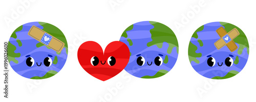 Planet Earth with medical bandages and red heart mascot hand drawn illustration for global health awareness and international blood donor day