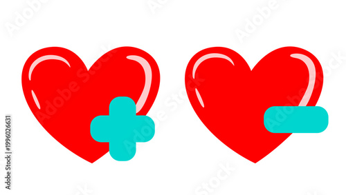 Red hearts with plus and minus blood type icons for medical laboratory testing hand drawn illustration for World Blood Donor Day on June 14 and clinic poster