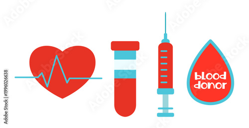 Medical icons with heartbeat pulse syringe and blood donor drop hand drawn illustration for international donor day awareness and volunteer healthcare campaign