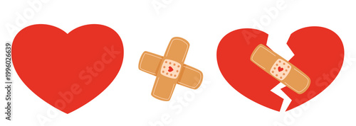 Broken red heart being fixed with adhesive bandages hand drawn illustration for health recovery cardiology medicine and World Blood Donor Day support card