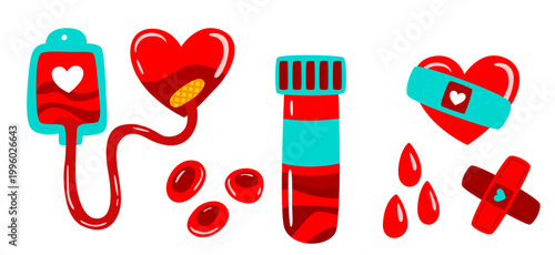 Medical set with blood bag test tube and bandaged heart for transfusion and laboratory research hand drawn illustration for World Blood Donor Day volunteer event