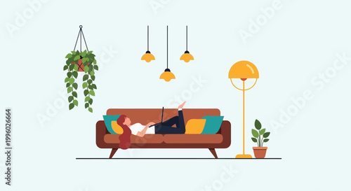 A minimalist living room scene depicts a woman relaxing on a brown sofa with hanging plants